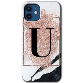 Apple iPhone 12 Mini Pembe Mermer Desenli U Harfi Baskılı Uyumlu Silikon Kılıf