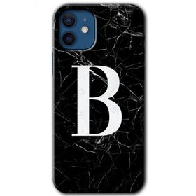 Apple iPhone 12 Mini Siyah Mermer Desenli B Harfi Baskılı Uyumlu Silikon Kılıf