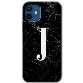 Apple iPhone 12 Mini Siyah Mermer Desenli J Harfi Baskılı Uyumlu Silikon Kılıf
