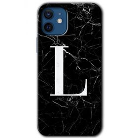 Apple iPhone 12 Mini Siyah Mermer Desenli L Harfi Baskılı Uyumlu Silikon Kılıf