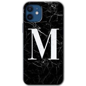 Apple iPhone 12 Mini Siyah Mermer Desenli M Harfi Baskılı Uyumlu Silikon Kılıf