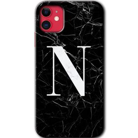 Apple iPhone 12 Mini Siyah Mermer Desenli N Harfi Baskılı Uyumlu Silikon Kılıf