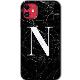 Apple iPhone 12 Mini Siyah Mermer Desenli N Harfi Baskılı Uyumlu Silikon Kılıf