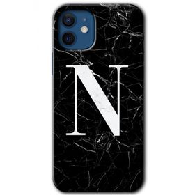 Apple iPhone 12 Mini Siyah Mermer Desenli N Harfi Baskılı Uyumlu Silikon Kılıf