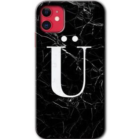 Apple iPhone 12 Mini Siyah Mermer Desenli U Harfi Baskılı Uyumlu Silikon Kılıf