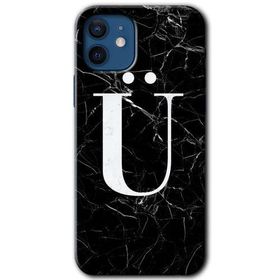 Apple iPhone 12 Mini Siyah Mermer Desenli U Harfi Baskılı Uyumlu Silikon Kılıf