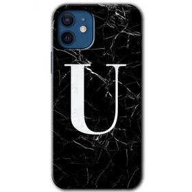 Apple iPhone 12 Mini Siyah Mermer Desenli U Harfi Baskılı Uyumlu Silikon Kılıf