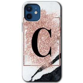 Apple iPhone 12 Pembe Mermer Desenli C Harfi Baskılı Uyumlu Silikon Kılıf