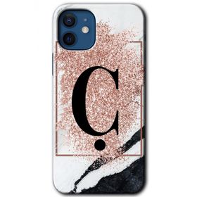 Apple iPhone 12 Pembe Mermer Desenli C Harfi Baskılı Uyumlu Silikon Kılıf