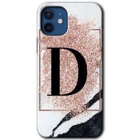 Apple iPhone 12 Pembe Mermer Desenli D Harfi Baskılı Uyumlu Silikon Kılıf