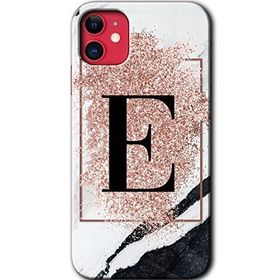 Apple iPhone 12 Pembe Mermer Desenli E Harfi Baskılı Uyumlu Silikon Kılıf