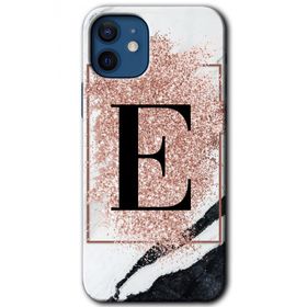Apple iPhone 12 Pembe Mermer Desenli E Harfi Baskılı Uyumlu Silikon Kılıf