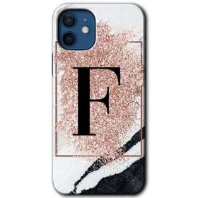 Apple iPhone 12 Pembe Mermer Desenli F Harfi Baskılı Uyumlu Silikon Kılıf