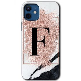 Apple iPhone 12 Pembe Mermer Desenli F Harfi Baskılı Uyumlu Silikon Kılıf