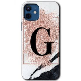 Apple iPhone 12 Pembe Mermer Desenli G Harfi Baskılı Uyumlu Silikon Kılıf