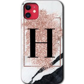 Apple iPhone 12 Pembe Mermer Desenli H Harfi Baskılı Uyumlu Silikon Kılıf