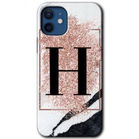 Apple iPhone 12 Pembe Mermer Desenli H Harfi Baskılı Uyumlu Silikon Kılıf
