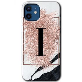 Apple iPhone 12 Pembe Mermer Desenli I Harfi Baskılı Uyumlu Silikon Kılıf