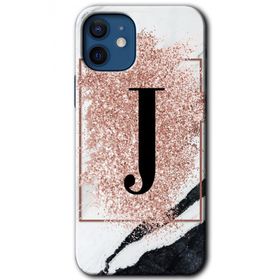 Apple iPhone 12 Pembe Mermer Desenli J Harfi Baskılı Uyumlu Silikon Kılıf