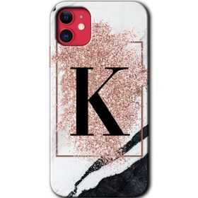Apple iPhone 12 Pembe Mermer Desenli K Harfi Baskılı Uyumlu Silikon Kılıf
