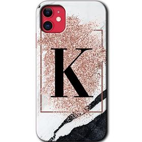 Apple iPhone 12 Pembe Mermer Desenli K Harfi Baskılı Uyumlu Silikon Kılıf