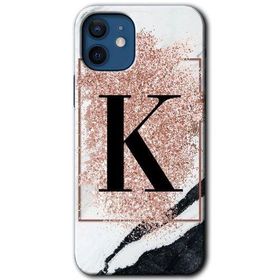 Apple iPhone 12 Pembe Mermer Desenli K Harfi Baskılı Uyumlu Silikon Kılıf