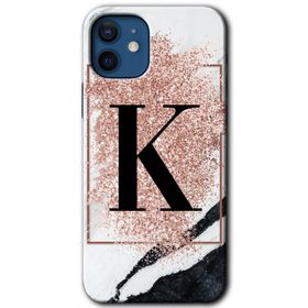 Apple iPhone 12 Pembe Mermer Desenli K Harfi Baskılı Uyumlu Silikon Kılıf