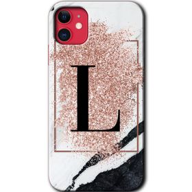Apple iPhone 12 Pembe Mermer Desenli L Harfi Baskılı Uyumlu Silikon Kılıf