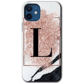 Apple iPhone 12 Pembe Mermer Desenli L Harfi Baskılı Uyumlu Silikon Kılıf
