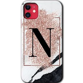 Apple iPhone 12 Pembe Mermer Desenli N Harfi Baskılı Uyumlu Silikon Kılıf