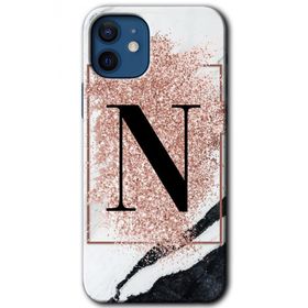 Apple iPhone 12 Pembe Mermer Desenli N Harfi Baskılı Uyumlu Silikon Kılıf