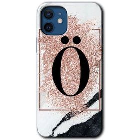 Apple iPhone 12 Pembe Mermer Desenli O Harfi Baskılı Uyumlu Silikon Kılıf
