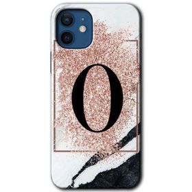 Apple iPhone 12 Pembe Mermer Desenli O Harfi Baskılı Uyumlu Silikon Kılıf