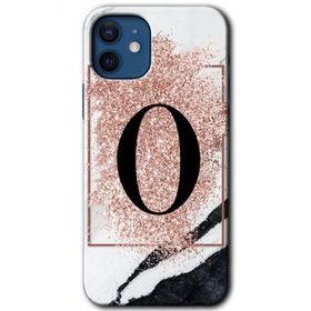 Apple iPhone 12 Pembe Mermer Desenli O Harfi Baskılı Uyumlu Silikon Kılıf