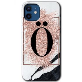 Apple iPhone 12 Pembe Mermer Desenli O Harfi Baskılı Uyumlu Silikon Kılıf