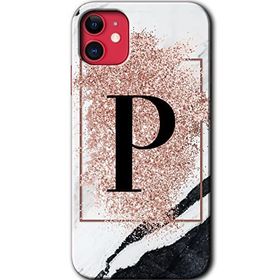 Apple iPhone 12 Pembe Mermer Desenli P Harfi Baskılı Uyumlu Silikon Kılıf