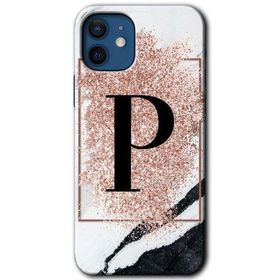 Apple iPhone 12 Pembe Mermer Desenli P Harfi Baskılı Uyumlu Silikon Kılıf