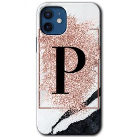 Apple iPhone 12 Pembe Mermer Desenli P Harfi Baskılı Uyumlu Silikon Kılıf