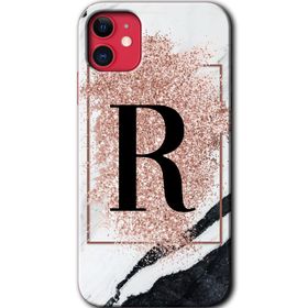 Apple iPhone 12 Pembe Mermer Desenli R Harfi Baskılı Uyumlu Silikon Kılıf