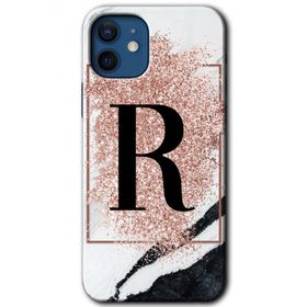 Apple iPhone 12 Pembe Mermer Desenli R Harfi Baskılı Uyumlu Silikon Kılıf