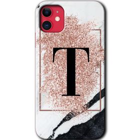 Apple iPhone 12 Pembe Mermer Desenli T Harfi Baskılı Uyumlu Silikon Kılıf