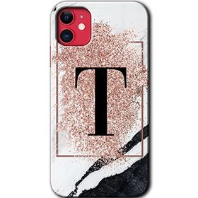 Apple iPhone 12 Pembe Mermer Desenli T Harfi Baskılı Uyumlu Silikon Kılıf