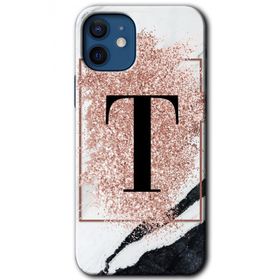 Apple iPhone 12 Pembe Mermer Desenli T Harfi Baskılı Uyumlu Silikon Kılıf