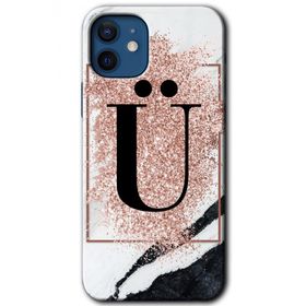 Apple iPhone 12 Pembe Mermer Desenli U Harfi Baskılı Uyumlu Silikon Kılıf
