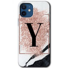 Apple iPhone 12 Pembe Mermer Desenli Y Harfi Baskılı Uyumlu Silikon Kılıf