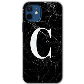 Apple iPhone 12 Siyah Mermer Desenli C Harfi Baskılı Uyumlu Silikon Kılıf