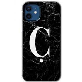 Apple iPhone 12 Siyah Mermer Desenli C Harfi Baskılı Uyumlu Silikon Kılıf