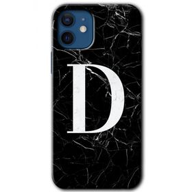 Apple iPhone 12 Siyah Mermer Desenli D Harfi Baskılı Uyumlu Silikon Kılıf
