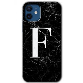 Apple iPhone 12 Siyah Mermer Desenli F Harfi Baskılı Uyumlu Silikon Kılıf