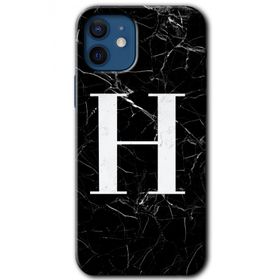 Apple iPhone 12 Siyah Mermer Desenli H Harfi Baskılı Uyumlu Silikon Kılıf